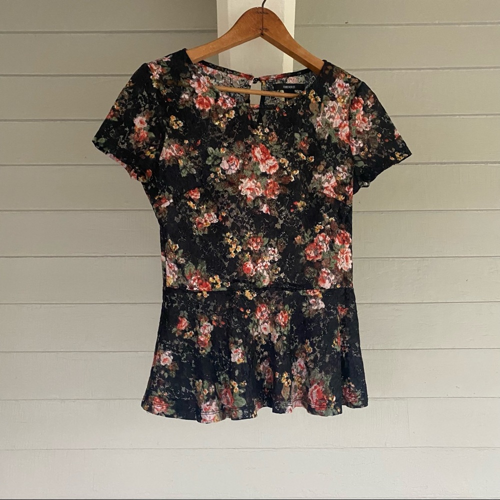 Forever 21 Black Floral Lace Peplum Shirt